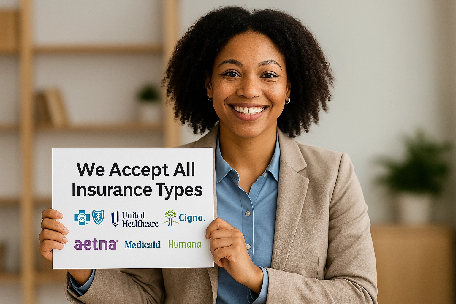 a woman holding different types of insurance